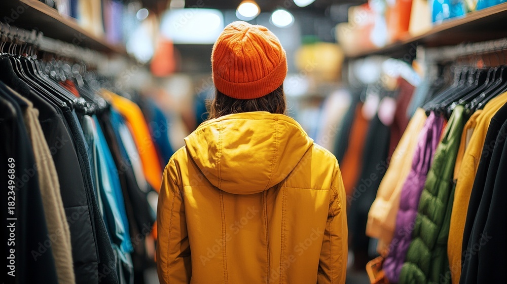 Obraz premium Shopper browsing colorful clothing rack in boutique — concept of retail shopping. 
