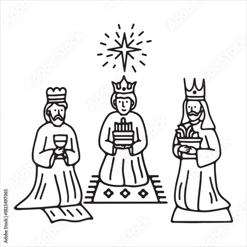 Three kings wearing crowns holding gifts and a chalice beneath a star wise nativity