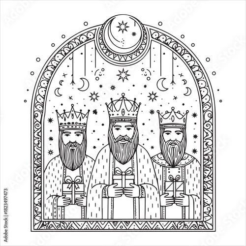 Three kings wearing crowns holding gifts under a celestial arch with moon and stars wise