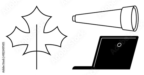 Maple leaf, telescope, and laptop showcasing themes of exploration, nature, technology, and discovery. Ideal for science, research, innovation digital connectivity creativity future vision simple