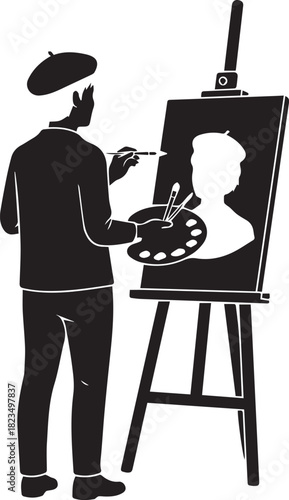 Artist painting a portrait on an easel with a beret and palette