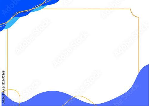 Modern abstract background featuring freeform blue waves and a gold line frame. Ideal for creative presentations, announcements, posters, and decorative print materials.