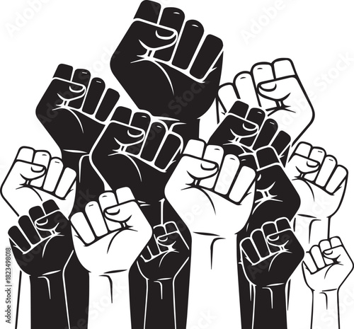 Diverse group of raised fists symbolizing unity and protest