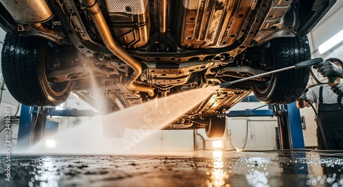 Car wash: auto mechanic power washing undercarriage on lift in garage for vehicle maintenance and rust prevention service
