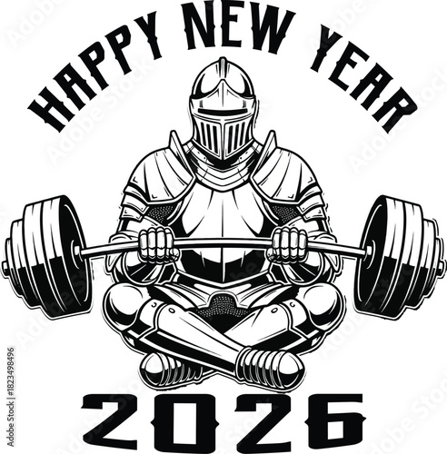 Happy New Year 2026, knight lifting barbell on a white t-shirt, Art & Illustration
