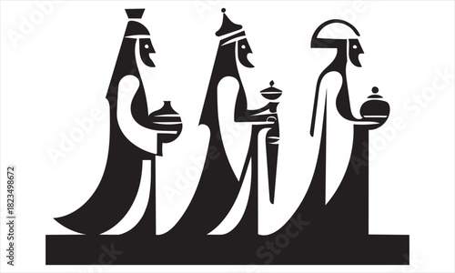 Three stylized black figures wearing robes and headdresses holding gifts white silhouette