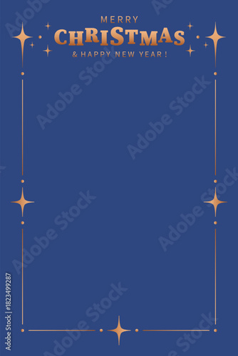 Christmas background with gold decor and stars with place for congratulatory text. Blank greeting letter with decorative frame for winter holidays.