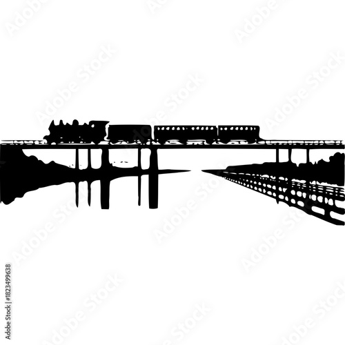 Silhouette of a train crossing a bridge over water reflection on transparent background