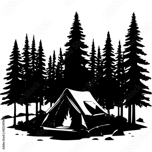 Silhouette of a tent with a fire in the forest of pine trees on transparent background