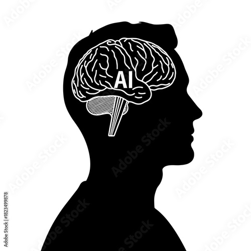 Silhouette of person with AI brain overlay, artificial intelligence and technology concept