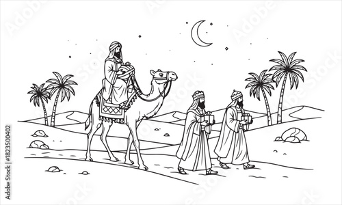 Three wise men walking with gifts on camelback through desert landscape under crescent moon and stars
