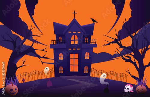Halloween spooky night scene with a haunted castle, moon, pumpkins, and flying bats