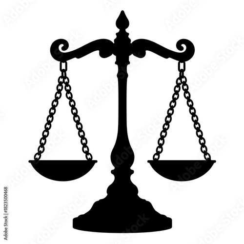 Balance scale silhouette on white background, law and justice in legislation