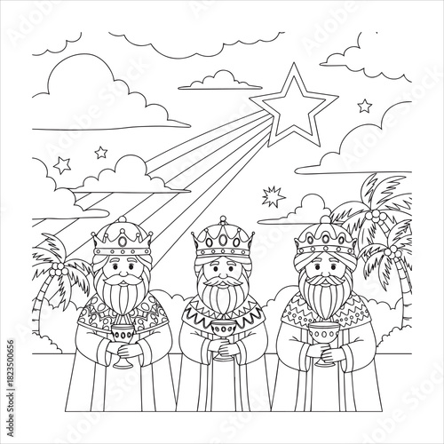 Three Wise Men wearing crowns and holding chalices with a star and palm trees in the background