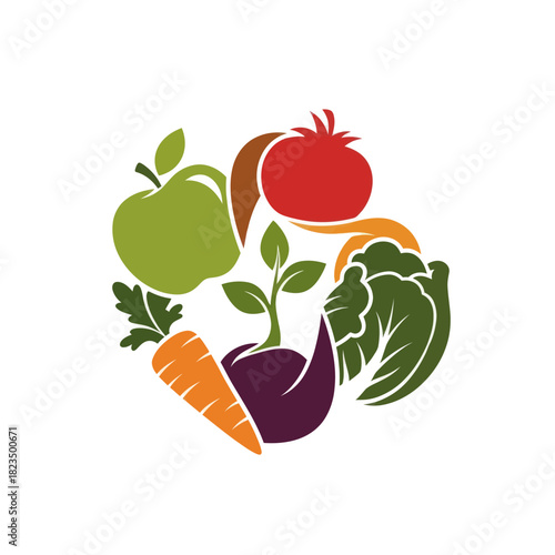 Colorful assortment of fresh fruits and vegetables arranged in a circular pattern.