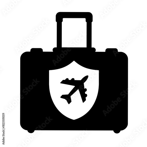 Silhouette of suitcase with shield and airplane, travel security and baggage protection in global travel