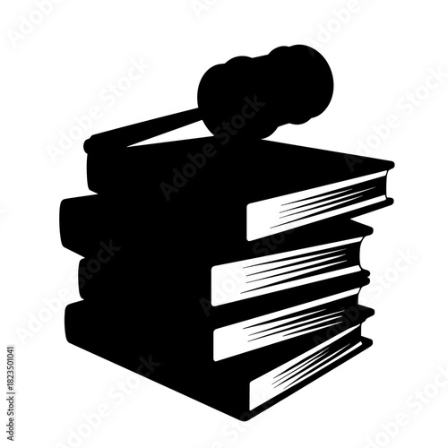 Gavel on stack of law books silhouette on white background, legal justice and court authority