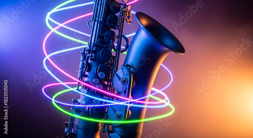 Matte blue saxophone with neon light trails, contemporary jazz and music innovation in modern lounge atmosphere