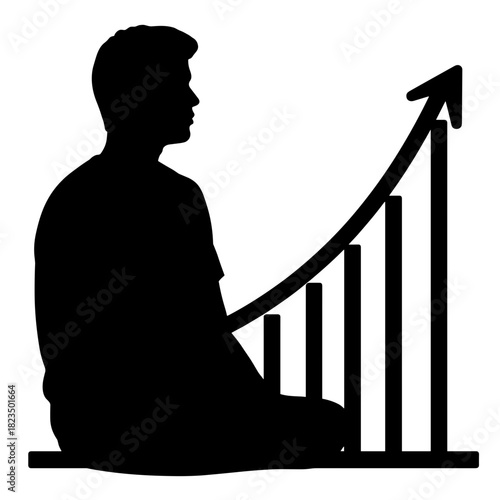 Silhouette of seated figure observing rising chart, progress tracking and recovery path in growth monitoring