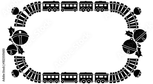 Minimalist toy train frame with jingle bells, festive decoration and holiday ornament for seasonal designs
