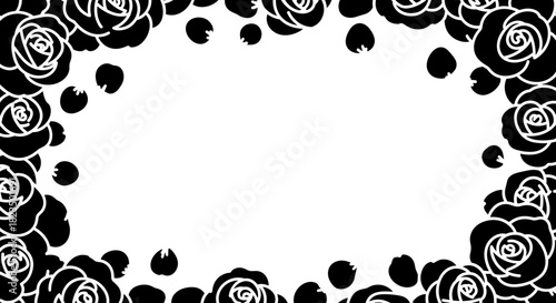 Black rose frame with falling petals, elegant decoration and floral design for invitations