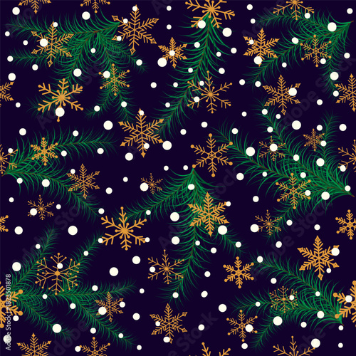 Christmas Winter Snowflakes Fir Tree Branches Seamless Pattern