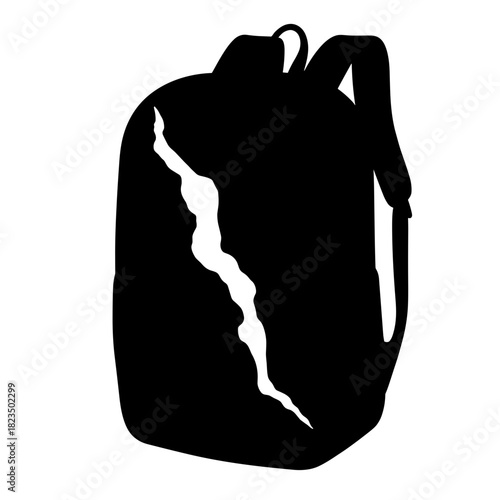 Silhouette of backpack with broken strap, luggage damage and consumer rights in product quality issues