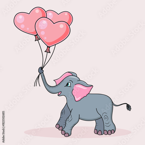 Happy Birthday Baby Shower Valentines Day Cute Baby Elephant with Heart Shaped Balloons