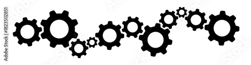 A connected chain of multiple gear icons forming a dynamic mechanical flow. Ideal for illustrating teamwork, engineering processes, system automation, and industrial mechanisms.
