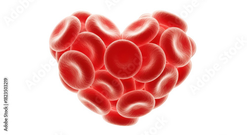 Red blood cell cluster shaped like a heart, symbolizing health and circulation, isolated on transparent background