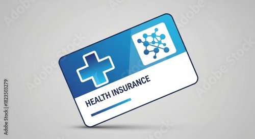 Illustration of a blue and white health insurance card with a medical cross symbol and molecular structure icon on a light gray background