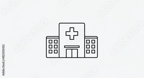 Simple line art icon of a hospital building with a prominent cross symbol on the facade