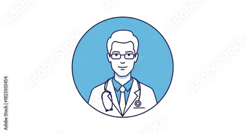 Line art icon of a male doctor wearing glasses and a stethoscope in a blue circle