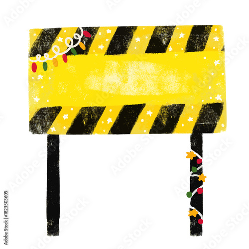 Cute blank empty yellow black striped christmas xmas template under construction sign board hand drawn doodle crayon watercolour kids nursery illustration vector digital sticker clipart