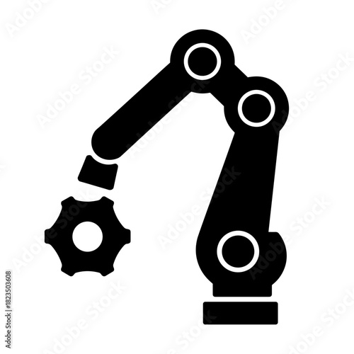 Robotic arm with gear icon on white background, automation and industrial technology