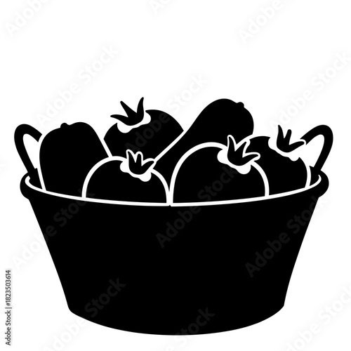 Silhouette of basket with fresh tomatoes and cucumbers, grocery essentials and daily nutrition