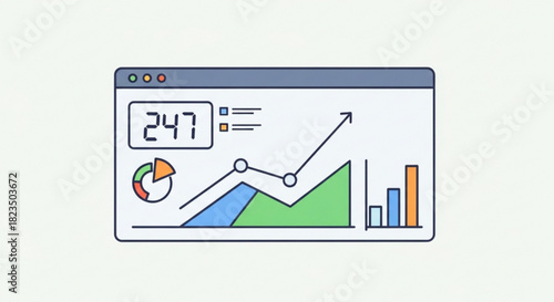 Illustration of a dashboard interface showing business analytics with a line graph, bar chart, pie chart, and a numerical counter for data monitoring