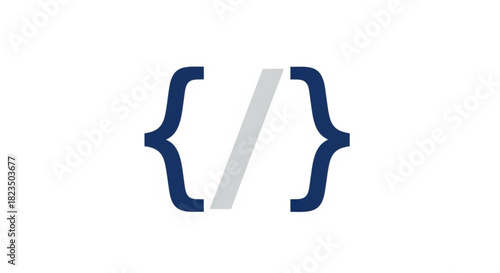 Minimalist dark blue curly brace icon with a diagonal slash in the center, symbolizing programming, coding, or web development concept
