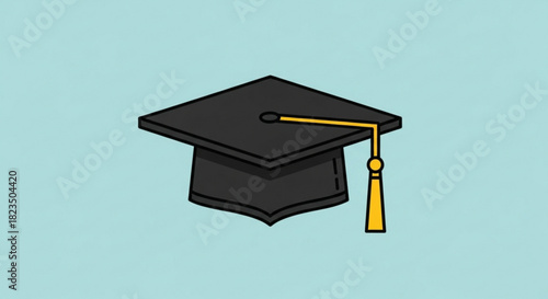 Simple cartoon illustration of a black graduation cap with a yellow tassel set against a light blue background, symbolizing academic achievement and success