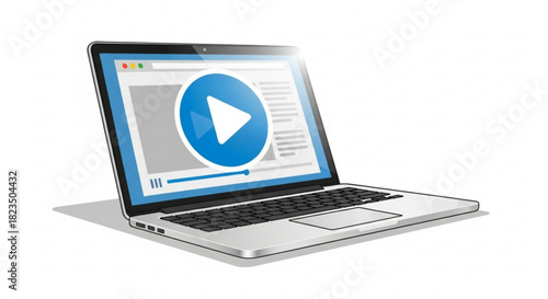 Illustration of a modern laptop computer displaying a video player interface with a large blue play button icon on the screen