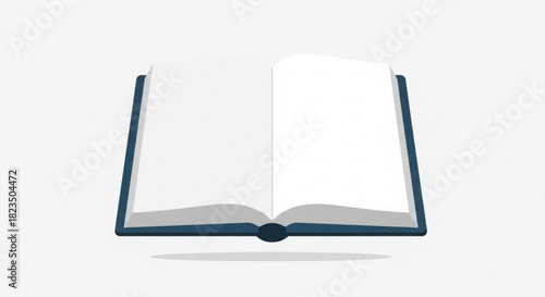 Open blue book with blank white pages floating slightly above a plain light gray surface