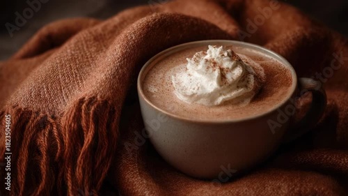 A mug of hot chocolate topped with whipped cream sits on a brown scarf.