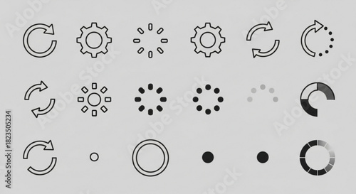 Set of various black outline and solid icon symbols representing loading, refreshing, processing, setting, and circular progress indicator element