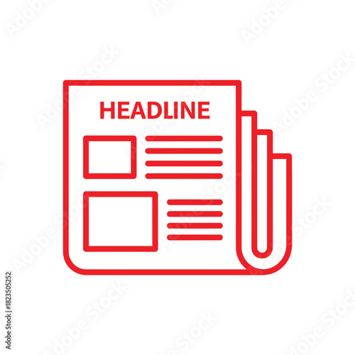 Red outline icon of a newspaper with the word headline on it, representing news, information, and current events in a simple graphic style.
