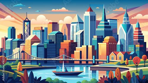 Very beautiful panoramic view of Philadelphia featuring its modern skyline, iconic bridges, and riverside atmosphere, illustrated in a clean semi-realistic vector style perfect for travel artwork and 