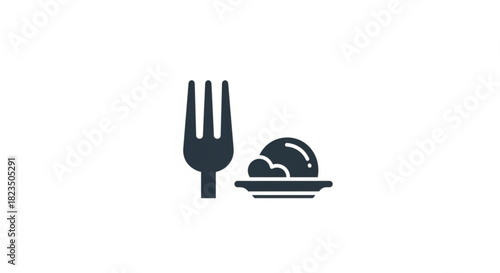 Simple dark silhouette icon representing a meal or dining, featuring a fork next to a small plate with food