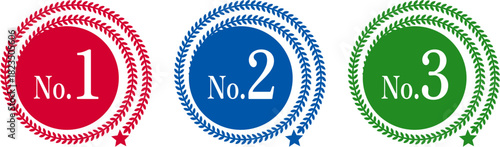 情熱の赤、信頼の青、成長の緑ランキングアイコンセット | No.1 No.2 No.3 円形カラーバッジ