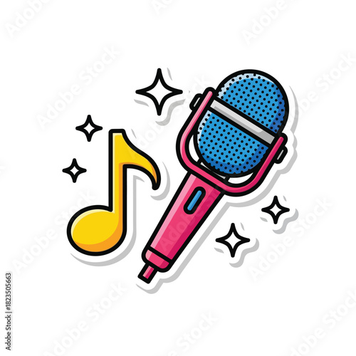 A vibrant cartoon microphone with a musical note and sparkling stars, representing performance and audio recording, isolated on white.