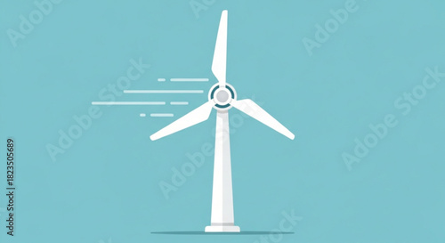 Minimalist illustration of a white wind turbine generating clean energy against a solid light blue background, symbolizing renewable power