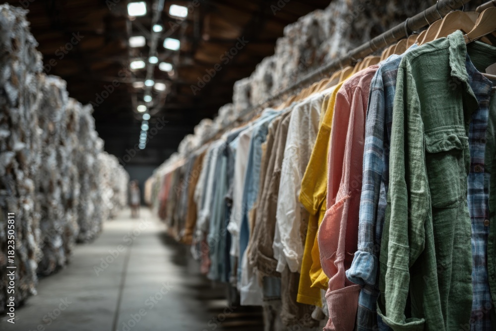 Obraz premium Exploration of fast fashion and sustainable upcycling in a warehouse setting highlighting the environmental impact on clothing waste